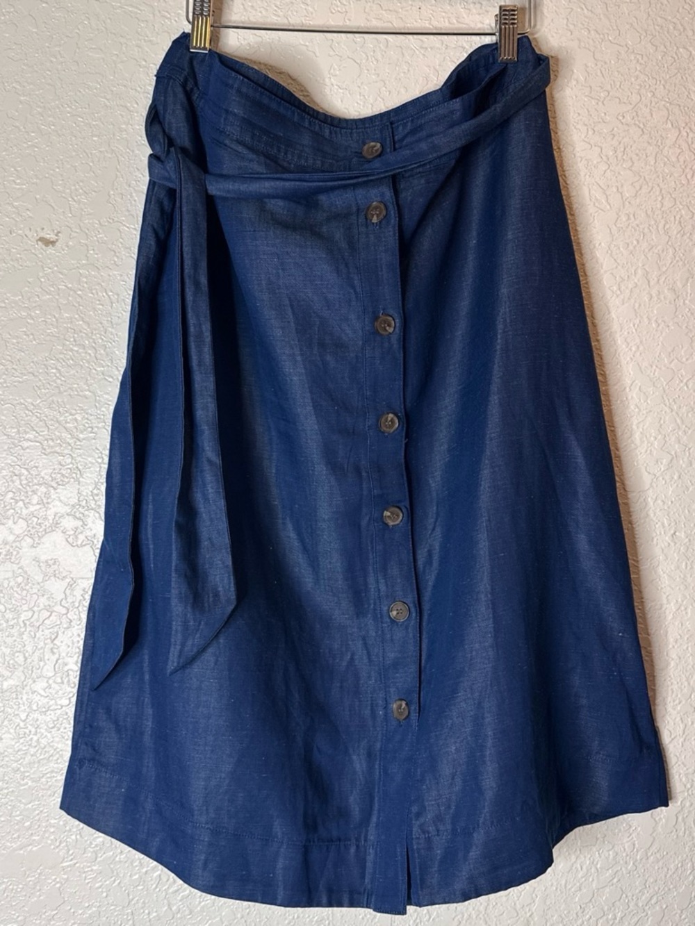 Ann Taylor Deep Navy Button-Front A-Line Skirt with Waist Tie